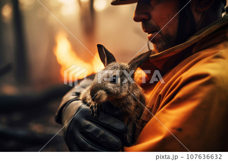 A firefighter or volunteer in a protective suit holds in his arms a rabbit A firefighter or volunteer in a protective suit holds in his arms a rabbit 107636632