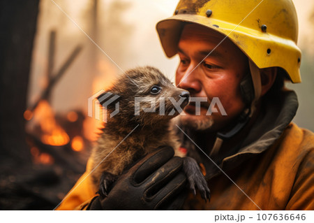A firefighter or volunteer in a protective suit holds in his arms a bear cub A firefighter or volunteer in a protective suit holds in his arms a bear cub 107636646