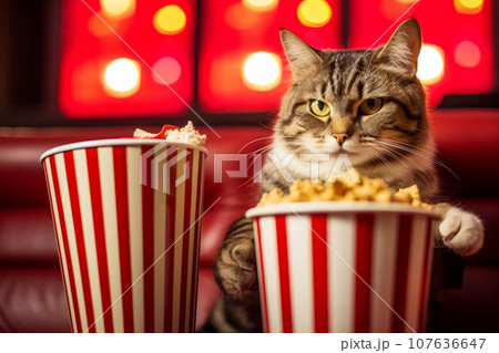 Cat eating popcorn and watching an exciting premiere of a new movie in cinema Cat eating popcorn and watching an exciting premiere of a new movie in cinema 107636647