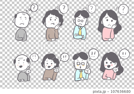 一組煩惱表情和理解表情 107636680