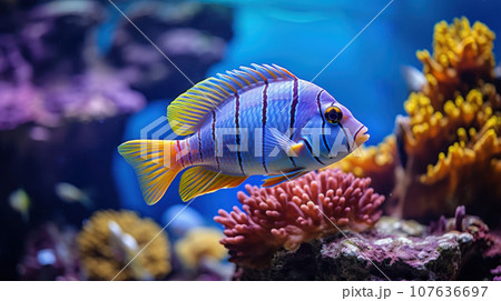 Fish swim in an aquarium 107636697