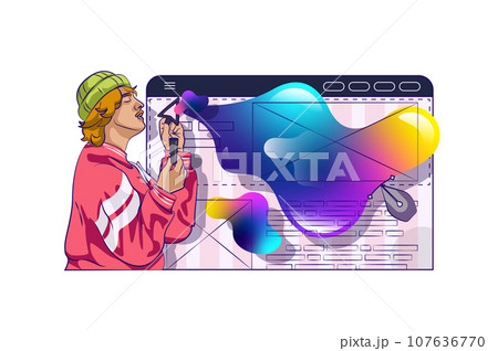 Web design concept with people scene in flat cartoon design for web. Man creating abstract trendy visualization for interface layout. Vector illustration for social media banner, marketing material. 107636770
