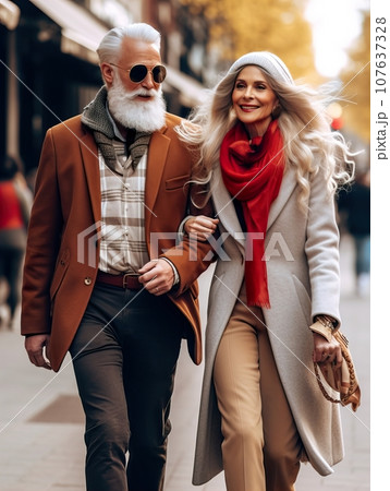 Stylish elegant dressed european couple of elderly people, aged woman and man fashion models in the street, happy lady and gentleman with gray hair Stylish elegant dressed european couple of elderly people, aged woman and man fashion models in the street, happy lady and gentleman with gray hair 107637328
