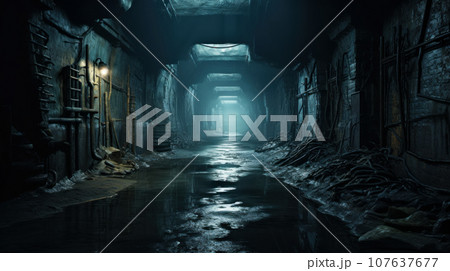 Old industrial underground tunnel, dark scary abandoned corridor Old industrial underground tunnel, dark scary abandoned corridor 107637677