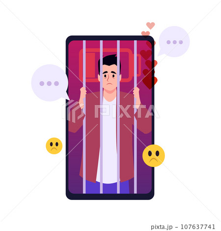 Sad man behind bars in the phone, many likes online, psychological addiction to gadgets, vector FOMO fear of missing out 107637741