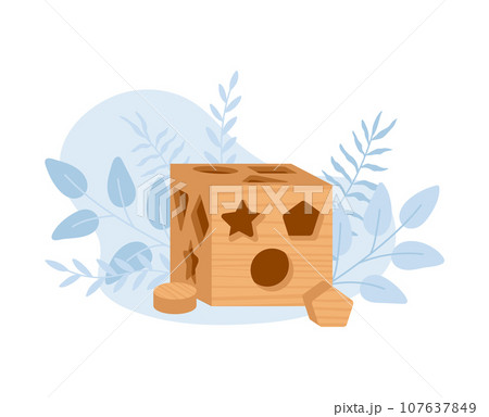 Wooden shape sorter toy cube with holes, vector illustration on white. Wooden shape sorter toy cube with holes, vector illustration on white. 107637849