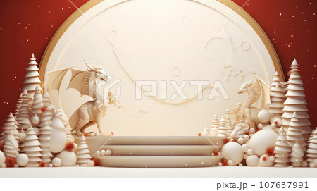 Empty Podium for products, decorated with figures of Christmas trees and dragons. Generative Ai 107637991