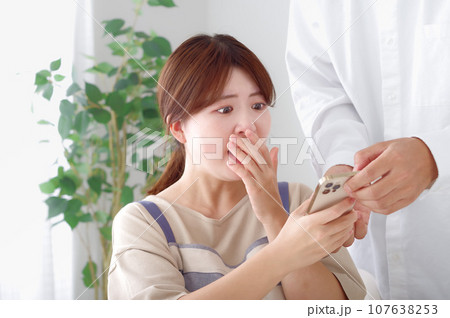 男性のスマホを見て複雑な表情をする女性 男性のスマホを見て複雑な表情をする女性 107638253