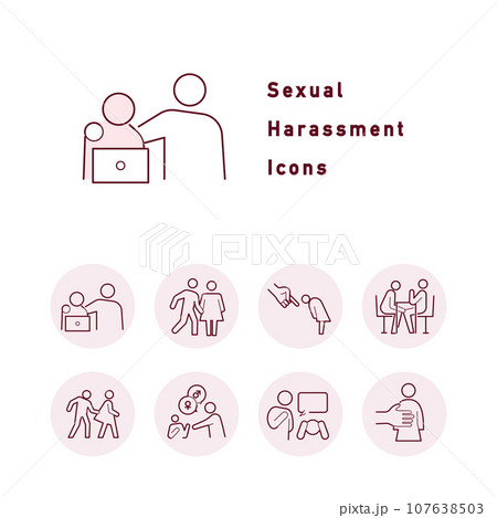 さまざまな種類のセクハラに関するカラーアイコンセット さまざまな種類のセクハラに関するカラーアイコンセット 107638503