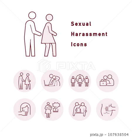 さまざまな種類のセクハラに関するカラーアイコンセット 107638504