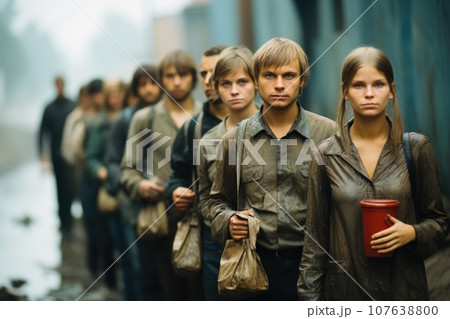 A group of refugee people in wet clothes standing in line next to each other, AI 107638800