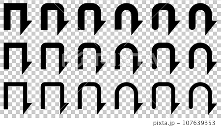 モノクロのUターン矢印、戻り矢印のベクターイラストセット 107639353