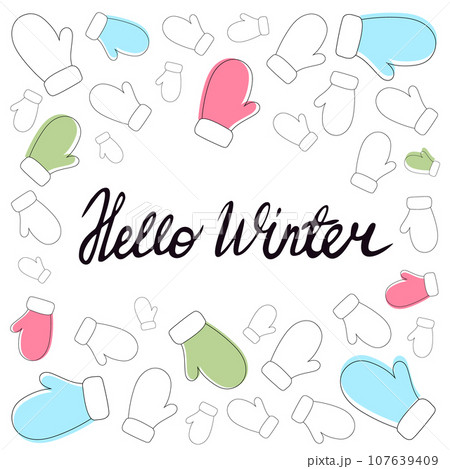 Hello winter, background with mittens in minimalist style, christmas background. Hello winter, background with mittens in minimalist style, christmas background. 107639409