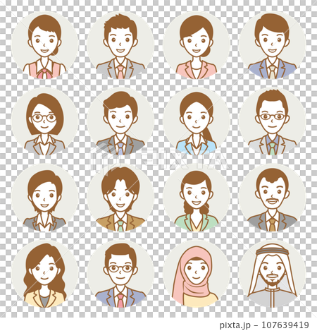 顔のアイコン. 様々な人物の顔のイラスト. 顔のアイコン. 様々な人物の顔のイラスト. 107639419