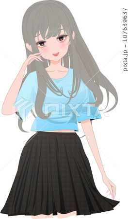髪をかき分ける可愛い女の子膝上のイラストのイラスト素材 [107639637