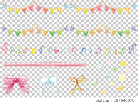 色鉛筆で描いたカラフルなガーランドや音符やリボンなどのかわいい素材セット 色鉛筆で描いたカラフルなガーランドや音符やリボンなどのかわいい素材セット 107640070