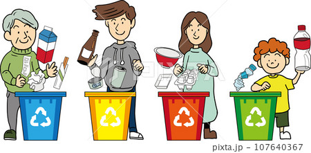 ゴミを分別して出す人々のかわいいイラスト(文字なし) ゴミを分別して出す人々のかわいいイラスト(文字なし) 107640367
