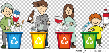 人們分類和處理垃圾的可愛插圖（無文字） 107640367