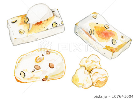 手描き水彩の美味しそうな焼いた豆餅と揚げ餅のイラスト 107641004