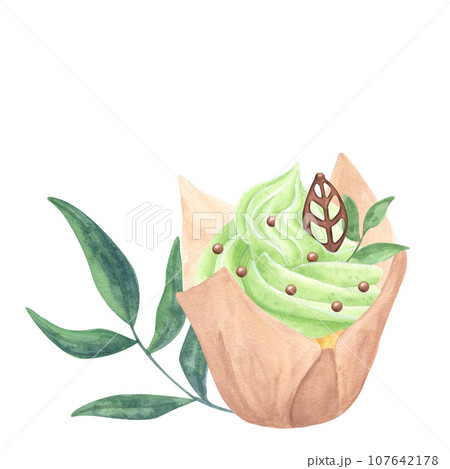 Cupcake muffin green sweet whipped cream. Mint, chocolate leaf, sprinkles. Hand drawn watercolor illustration isolated on white background. Rainbow collection. Cafe menu Cupcake muffin green sweet whipped cream. Mint, chocolate leaf, sprinkles. Hand drawn watercolor illustration isolated on white background. Rainbow collection. Cafe menu 107642178