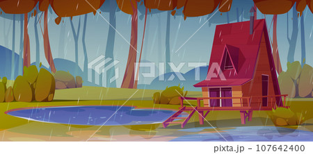 Wooden stilt house in rainy autumn forest 107642400