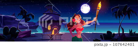 Woman with torch on island beach with house vector 107642401