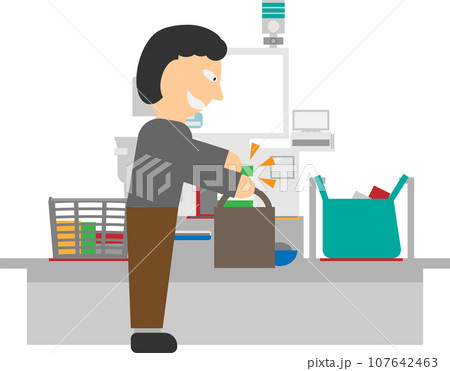 セルフレジでスキャンしないで鞄に商品を入れて万引きをしている男性のイメージイラスト 107642463