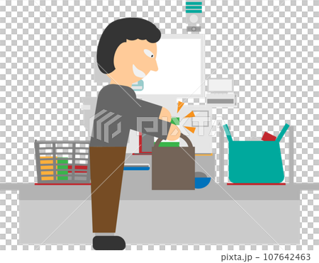 セルフレジでスキャンしないで鞄に商品を入れて万引きをしている男性のイメージイラスト 107642463