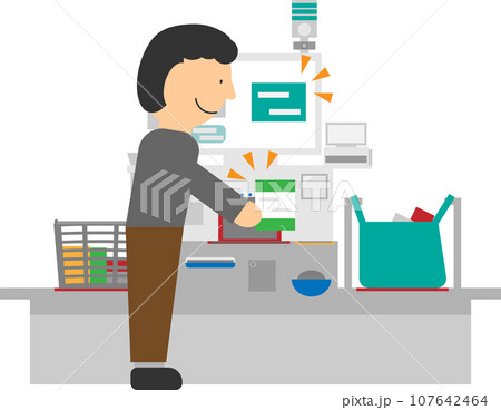 セルフレジでスキャン作業中の男性のイメージイラスト セルフレジでスキャン作業中の男性のイメージイラスト 107642464