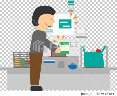セルフレジでスキャン作業中の男性のイメージイラスト セルフレジでスキャン作業中の男性のイメージイラスト 107642464