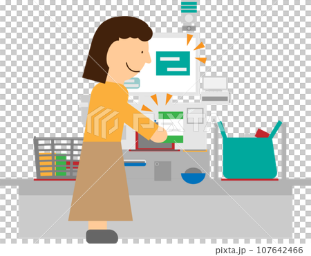 一位女士在自助結帳櫃檯掃描的圖像插圖 107642466