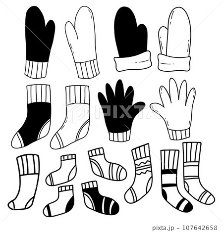 socks and mittens. Collection doodle. Vector illustration. Isolated Hand drawn outline drawing seasonal clothing 107642658