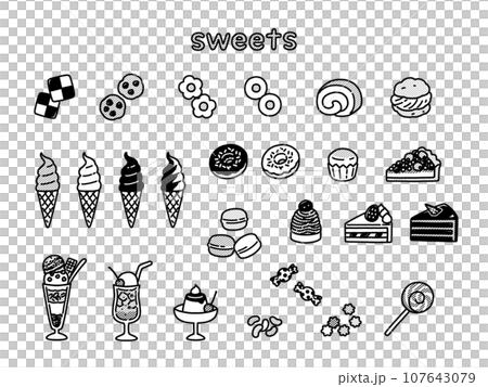おしゃれな手描きのスイーツイラストセット おしゃれな手描きのスイーツイラストセット 107643079
