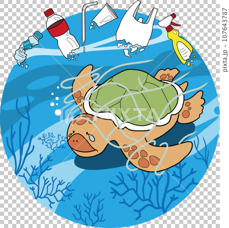 廃プラスチックの海洋汚染により苦しむウミガメのイラスト 廃プラスチックの海洋汚染により苦しむウミガメのイラスト 107643787