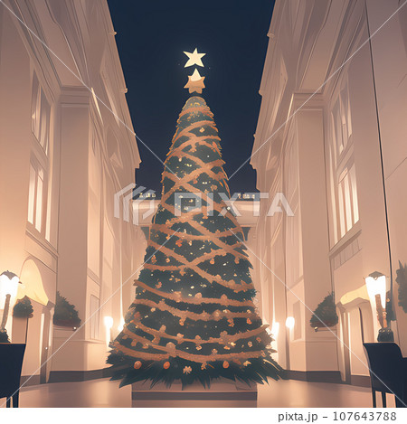 ホテルのような場所に大きいクリスマスツリーが飾ってある所を描いたイラスト ホテルのような場所に大きいクリスマスツリーが飾ってある所を描いたイラスト 107643788
