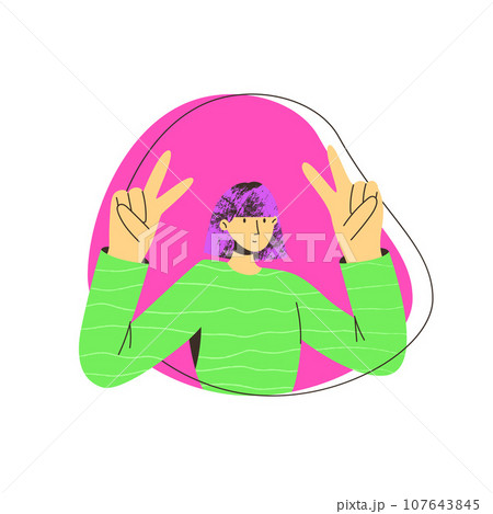Young girl on the pink background. Trendy colorful flat style. Vector illustration. International day of young people. Student in school or university. Young girl on the pink background. Trendy colorful flat style. Vector illustration. International day of young people. Student in school or university. 107643845