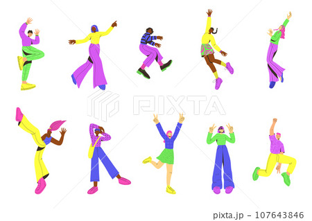 Vector set of ten young people. Trendy colorful flat style. Vector illustration. International day of young people. Student in school or university. Vector set of ten young people. Trendy colorful flat style. Vector illustration. International day of young people. Student in school or university. 107643846