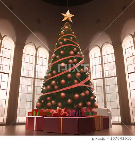 綺麗に飾り付けされている大きなクリスマスツリーを描いたイラスト 107643910