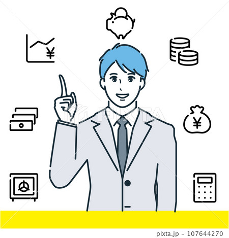 笑顔で金融商品を説明する男性のベクターイラスト素材。金融アイコン、人差し指。 107644270
