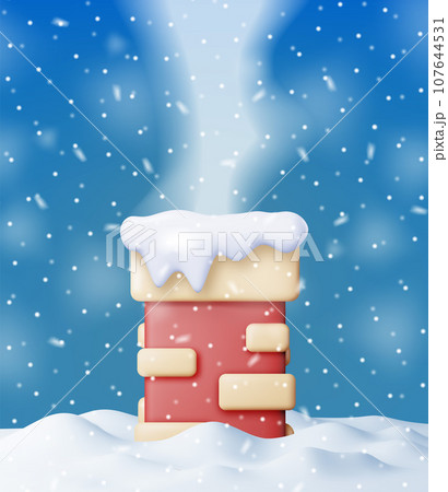 3D Christmas Brick Chimney Pipe on Snow Roof. 3D Christmas Brick Chimney Pipe on Snow Roof. 107644531