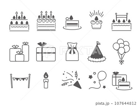 シンプルなケーキ・パーティーのアイコンセット シンプルなケーキ・パーティーのアイコンセット 107644812