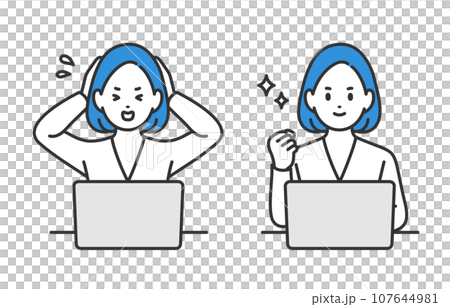 A set of businessperson women who are anxious and do fist pumps while looking at a computer [People vector illustration material] 107644981