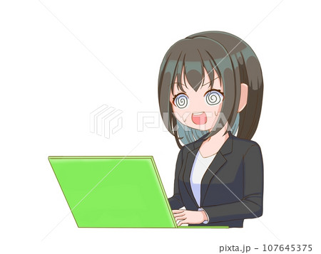 パソコンを操作する女性会社員4（セミロング） 107645375