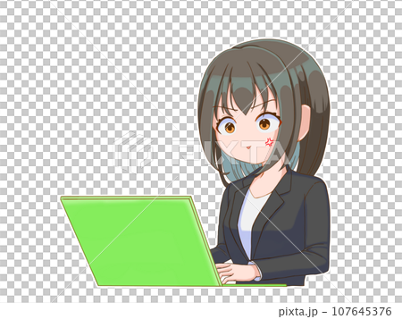 パソコンを操作する女性会社員5（セミロング） 107645376