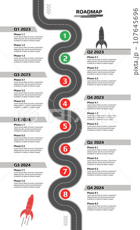 Vertical oadmap with winding road with milestones and rocket on white background. Infographic timeline template for business presentation. Vector. Vertical oadmap with winding road with milestones and rocket on white background. Infographic timeline template for business presentation. Vector. 107645696