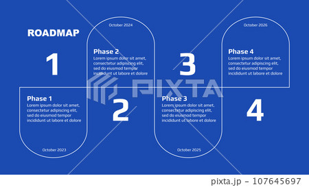 Roadmap with winding stages on blue background. Horizontal infographic timeline template for business presentation. Vector. Roadmap with winding stages on blue background. Horizontal infographic timeline template for business presentation. Vector. 107645697