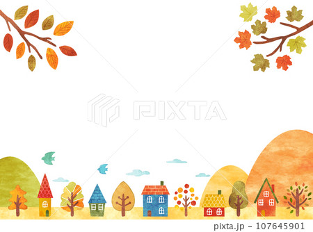 秋の町並みフレーム　手描き水彩　横長 107645901