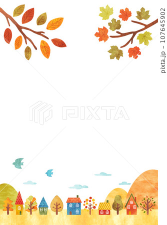 秋の町並みフレーム 手描き水彩 縦長 秋の町並みフレーム 手描き水彩 縦長 107645902