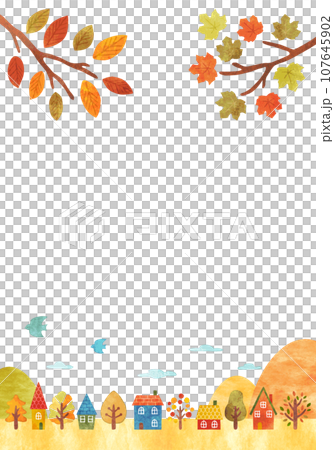 Autumn townscape frame hand-painted watercolor vertical 107645902