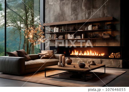 Interior of a modern loft style living room with a sofa, coffee table and fireplace Interior of a modern loft style living room with a sofa, coffee table and fireplace 107646055